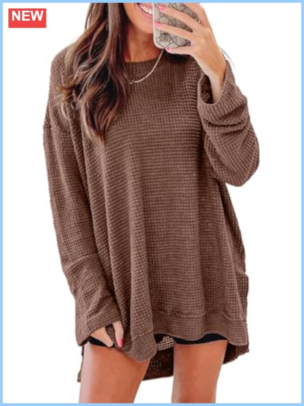 Waffle Knit Oversized Tunic Sweatshirt Crewneck Long Sleeve Pullover Top
